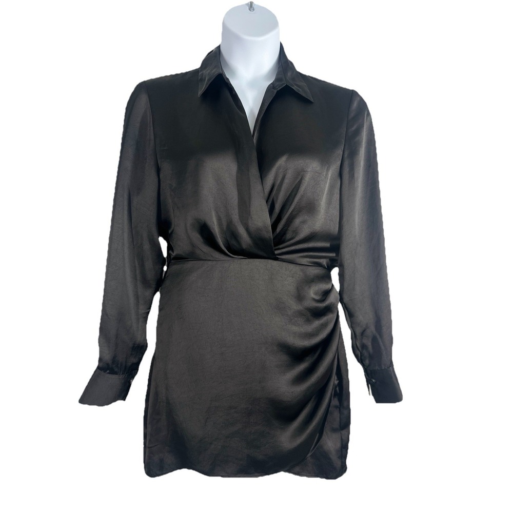 Zara Black Long Sleeve Faux Wrap Mini Dress Size L Glam Chic